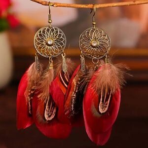 Boho Red Feather Tassel Rhinestone Earrings